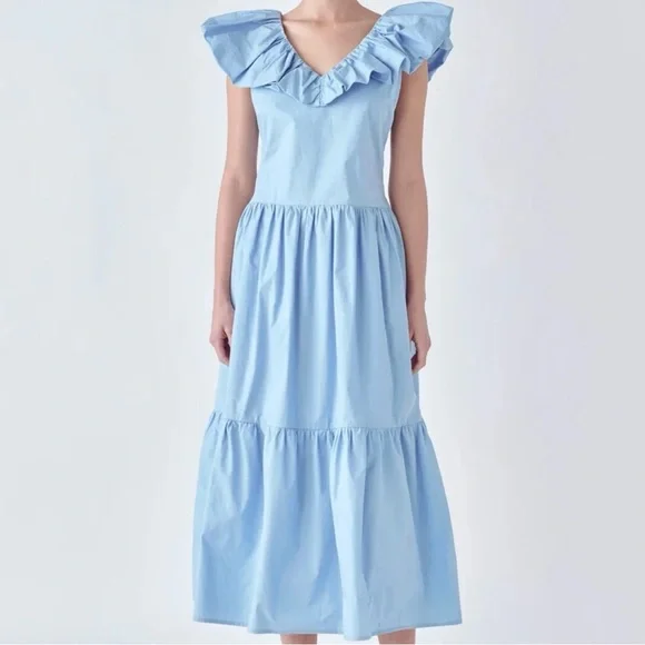 English Factory Midi Dress Womens S Blue V Neck Tiered Ruffle Quiet Luxury New - Picture 1 of 12